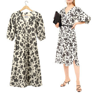 Zimmermann 0/US 4 Lovestruck $795 Floral 100% LINEN Midi Dress Puff Sleeve Black